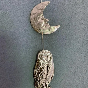 Moon and Owl Embossed Tin Wall Ornament | Silver tinted Handmade Metal Foil Art | night forest wall hanging