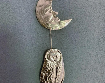 Moon and Owl Embossed Tin Wall Ornament | Silver tinted Handmade Metal Foil Art | night forest wall hanging