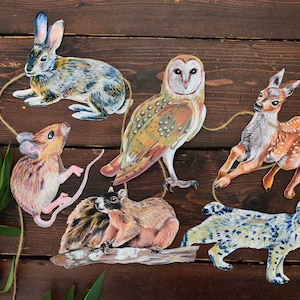 Woodland animals illustrated paper garland - owl, rabbit, bobcat, deer, mouse, and squirrel forest creatures banner -