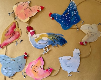 Chicken garland - illustrated paper garland - pet hens and a rooster art banner - chicken gifts - chicken party decor