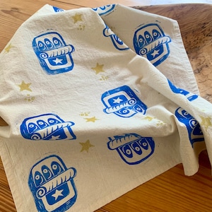 Sardine tea towel - extra large - hand block printed tinned fish bar accessory