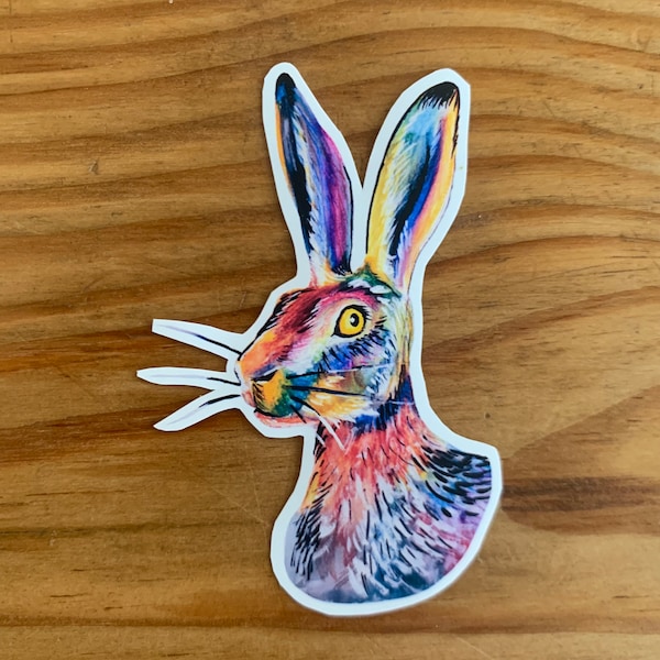 Colorful rabbit weatherproof vinyl sticker - hand painted wildlife - rabbit bunny illustration