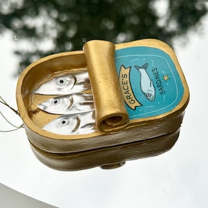 Handmade Sardine Can Ornament with Custom Name Label - Whimsical clay and tin decoration -Handcrafted tinned fish folk art