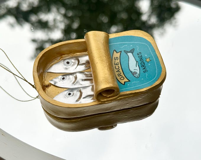 Customizable Sardine Wall Charm Ornament with personalized Name Label - Whimsical clay and tin sardines -Handcrafted tinned fish folk art