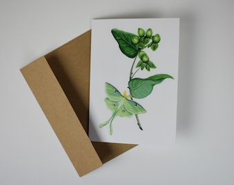 Luna moth and green botanical folded greeting card - 5x7” A7 blank inside note card