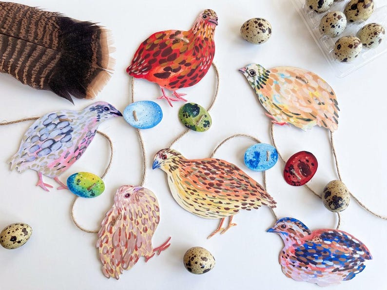 Quail Patchwork Illustrated Quail Garland, Paper Coturnix Quail Bunting, Cottagecore ...