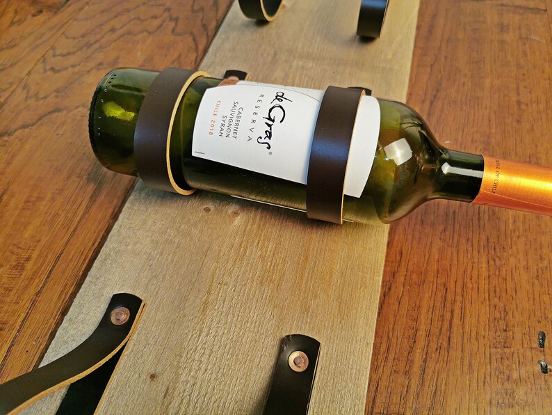 three bottles holder wine rack Wine bottles holder wall mount holder wood and leather holder handmade wood and leather holder
