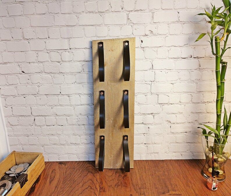 three bottles holder wine rack Wine bottles holder wall mount holder wood and leather holder handmade wood and leather holder
