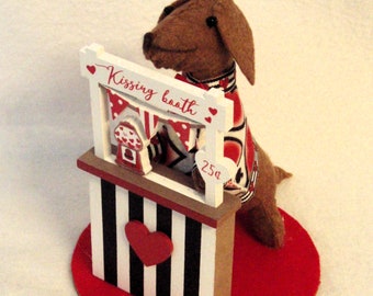 Felt Dachshund Red Brown Sculpture Valentine's Day Kissing Booth Tabletop Decor