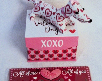 Dachshund Pink Heart Felt Sculpture on a Valentine's Day Gift Box & Doxie Card