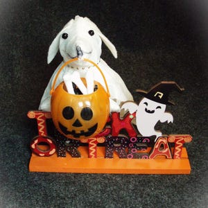 Felt Dachshund White Ghost Dog Sculpture Halloweenie Trick or Treat Sign Decor