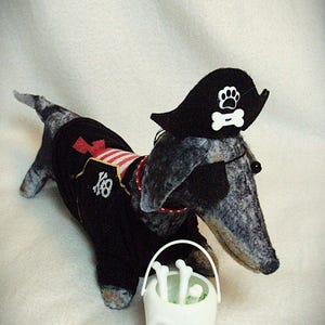 Felt Dachshund Black and Tan dapple Sculpture in Pirate Trick or Treat costume Halloween