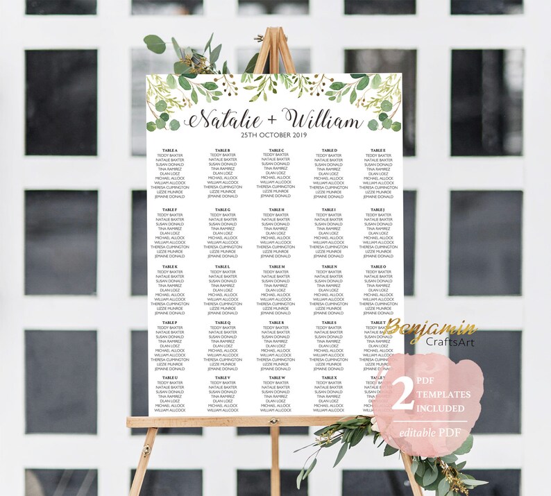 Paper Greenery Editable Table Plan Printable Up To 250 Guests 25 Tables Wedding Seating Chart Template Editable Pdf Calligraphy Seating Chart Paper Party Supplies