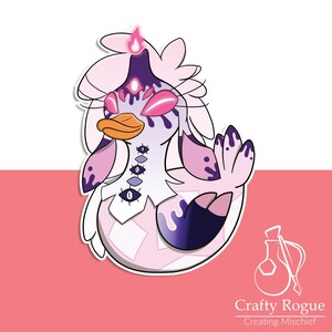 May include: A sticker of a cartoon duck-like character with a candle-shaped head and multiple eyes. The design uses pink, purple, and white, with an orange beak. The sticker has a white border and the text "Crafty Rogue Creating Mischief".