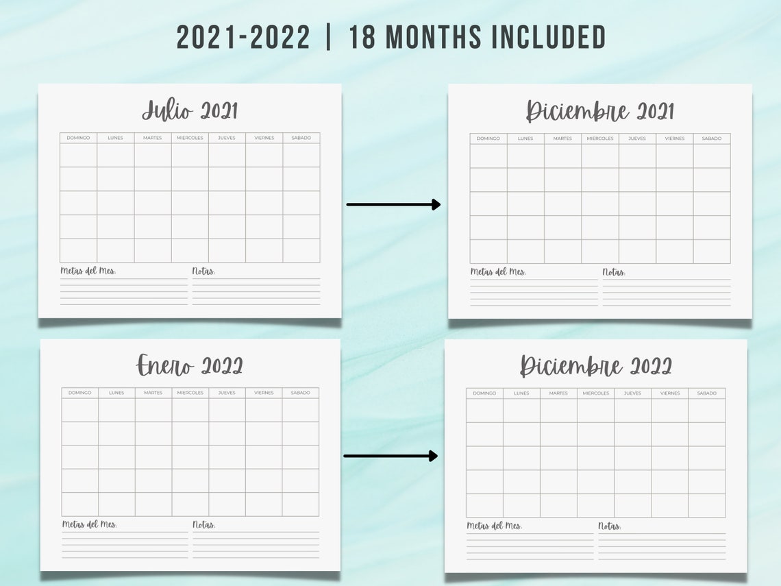 2021 2022 spanish blank monthly calendar landscape
