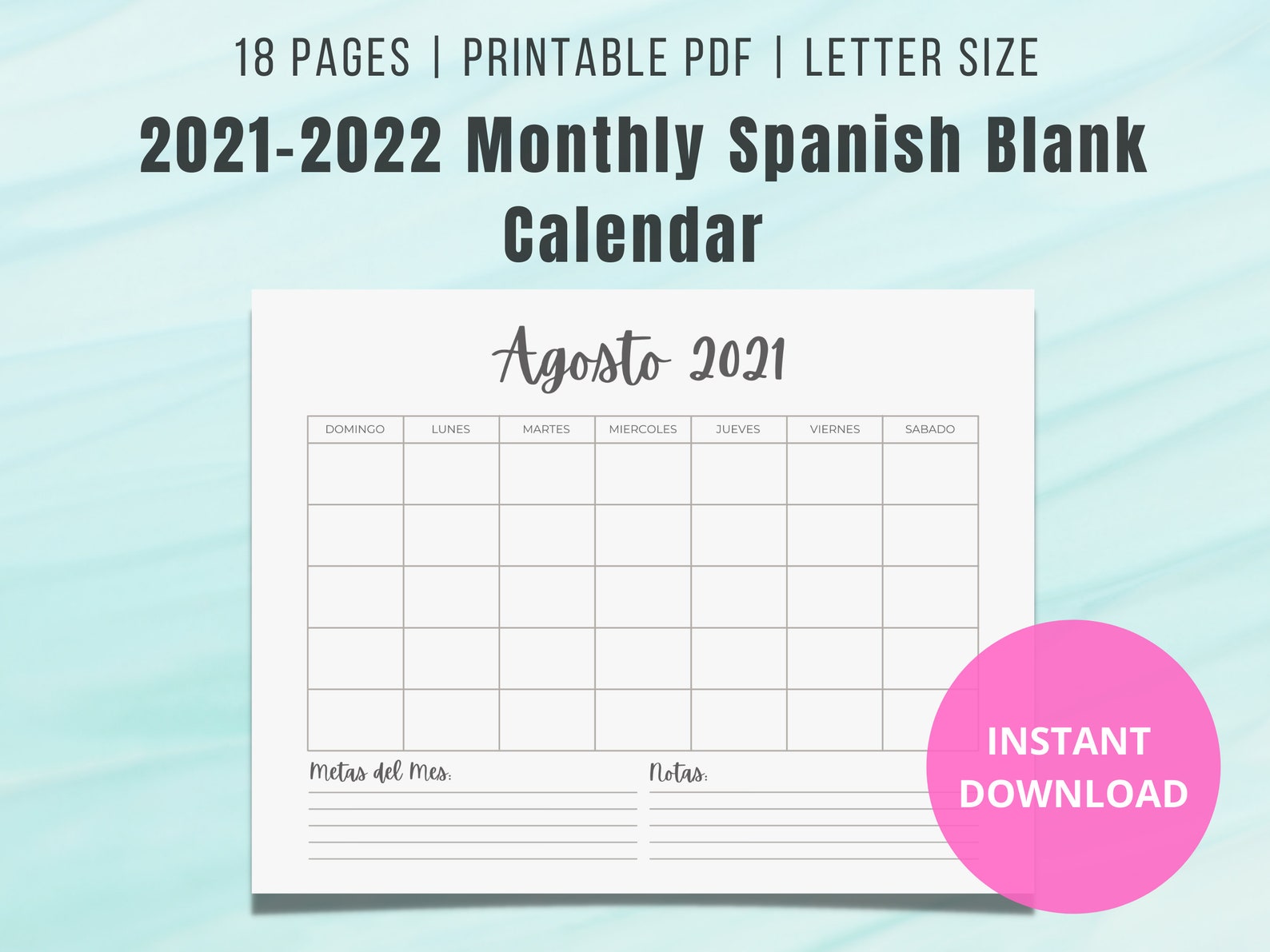 2021 2022 spanish blank monthly calendar landscape