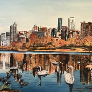 May include: An oil painting shows a city skyline reflected in a lake, with autumn trees and waterfowl. White swans and ducks are in the water. The artwork has a serene style, with a soft palette of blues, browns, and oranges, evoking a sense of calm.