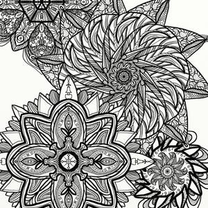 May include: Black and white intricate mandala design with a geometric pattern. The design features a central circle surrounded by multiple layers of detailed patterns.