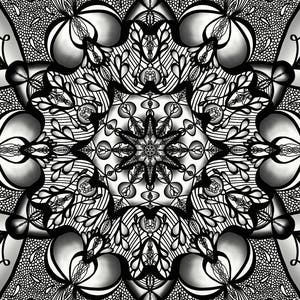 May include: A black and white mandala design with intricate details and a symmetrical pattern. The design features a central star shape surrounded by repeating floral motifs.
