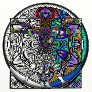 May include: A colorful, abstract illustration of a human figure in a Vitruvian Man pose, surrounded by intricate mandala designs. The figure is composed of various geometric shapes and patterns, creating a visually striking and complex artwork.