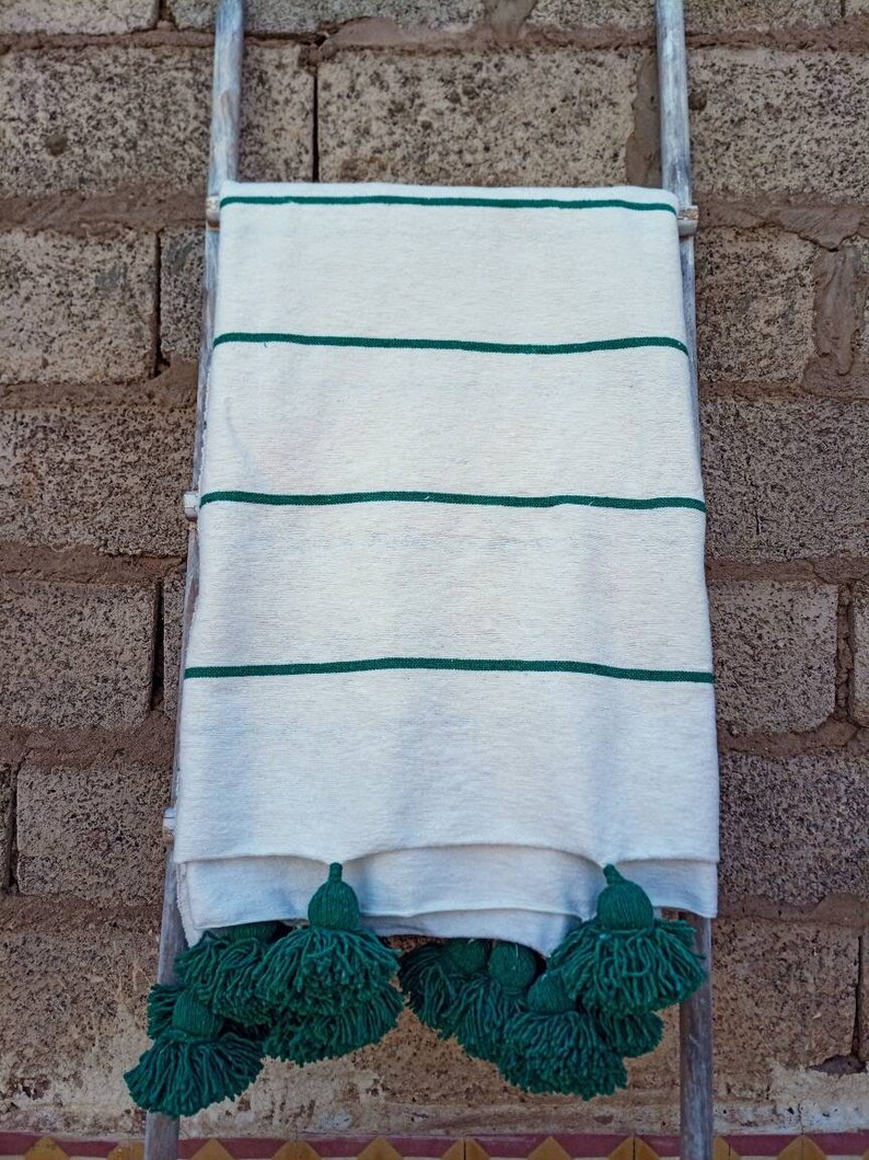 Green Moroccan pompom blanket King Bed size. Etsy