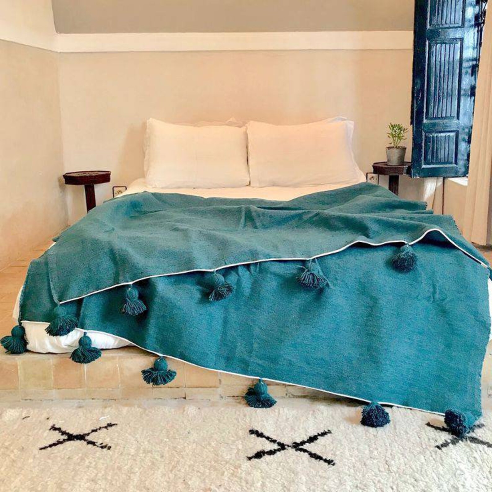 Green Moroccan Pompom Blanket King Bed Size Moroccan Etsy
