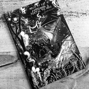 May include: Black and white illustration of a book cover with the title "Help! My Cat Is Summoning a Portal to Hell" by Rose Mid White. The cover features a black cat, a swirling portal, and a variety of other mystical elements.