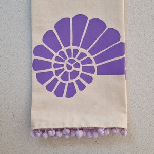 Lilac, Purple, screen printed, Ammonite tea towel. Eco friendly, waterbased ink printed on 100% Ethically sourced Cotton