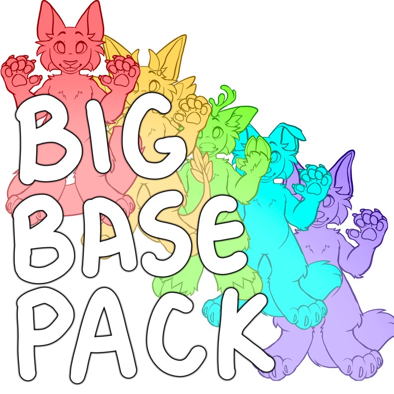 Peut inclure: Cinq dessins de base de personnages d'animaux &agrave; fourrure color&eacute;s pour l'art num&eacute;rique. Le texte "BIG BASE PACK" est en lettres blanches sur un fond blanc.