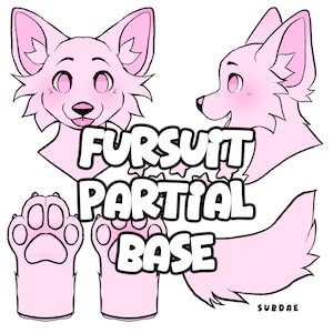 Könnte beinhalten: Eine rosa pelzige Basis für einen teilweisen Pelzanzug. Die Basis umfasst einen Kopf, Pfoten und einen Schwanz. Der Kopf hat einen fröhlichen Ausdruck mit großen Augen und einem breiten Lächeln. Die Pfoten sind einfach und haben drei Zehen. Der Schwanz ist lang und flauschig.