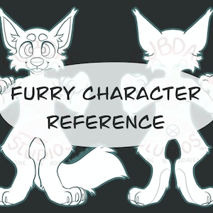 Op de afbeelding: Een zwart-witte lijnillustratie van een referentiepagina voor een pluche personage. Het personage is een hondachtige met een groot hoofd en een lange staart. Het personage wordt in twee poses getoond, één staand en één zittend. De tekst "FURRY CHARACTER REFERENCE" staat in vetgedrukte letters in het midden van de afbeelding.