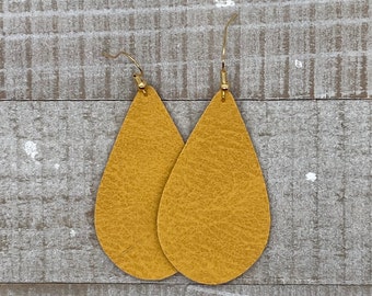 Handmade lightweight gray mustard real leather statement earrings