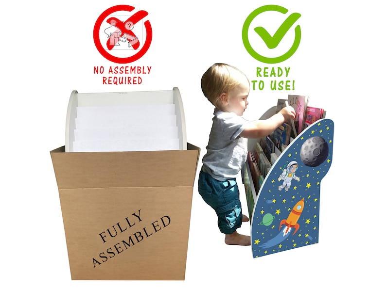 May include: A white and blue children's bookshelf with a rocket and astronaut design. The bookshelf is fully assembled and ready to use. A child is reaching for a book on the shelf.