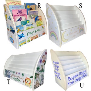 May include: Four white wooden bookcases with different designs. The first bookcase has a blue, yellow, and red airplane and bus theme with the text "Toby's Books". The second bookcase has a white and pastel rainbow and moon design with the text "Once upon a time". The third bookcase has a jungle animal theme with the text "Willem's Books". The fourth bookcase has a white background with the text "Bespoke Design Your Images or Text" and "Bespoke Design Your Images/Text".