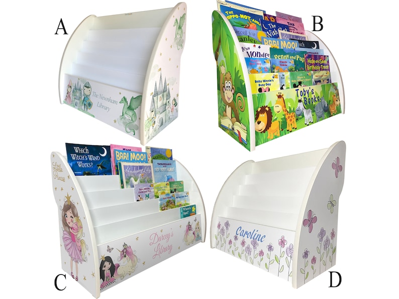 May include: Four different wooden bookends with various designs. The bookends are white with colorful illustrations. The designs include a castle and dragon, a jungle scene with animals, a fairy princess and unicorn, and a floral design with butterflies.