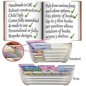 May include: White bookshelf with five shelves for storing books. The bookshelf is curved and has a wide and standard size option. The text on the bookshelf says "Standard" and "Wide".