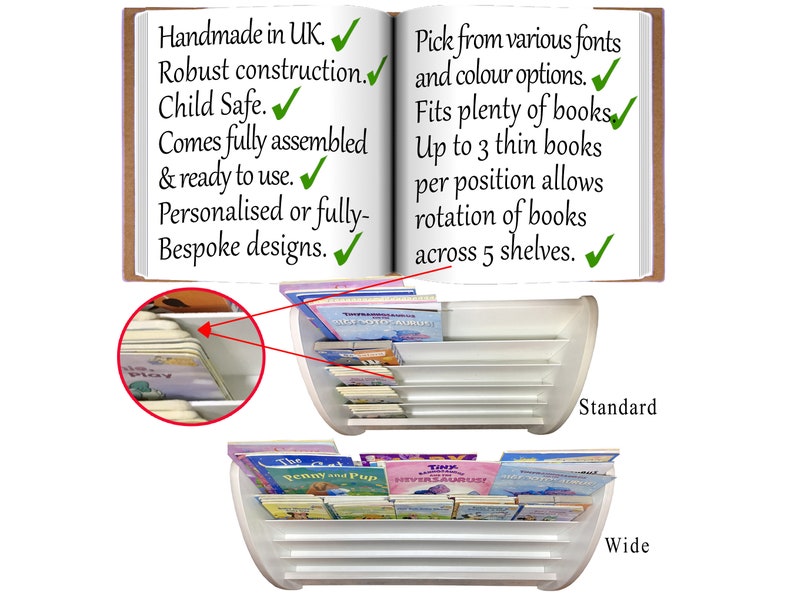May include: White bookshelf with five shelves for storing books. The bookshelf is curved and has a wide and standard size option. The text on the bookshelf says "Standard" and "Wide".