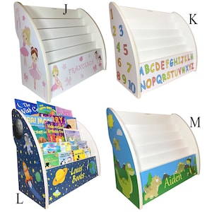 May include: Four white wooden bookcases with different designs. The first bookcase has a pink ballerina design with the name "FRANCESCA". The second bookcase has numbers 1-10. The third bookcase has a blue and white space theme with the text "Louis Books". The fourth bookcase has a green dinosaur design with the name "Aiden".