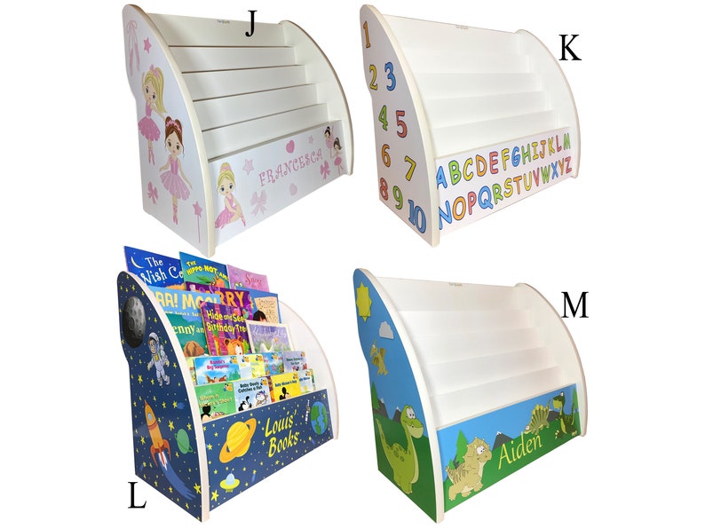 May include: Four white wooden bookcases with different designs. The first bookcase has a pink ballerina design with the name "FRANCESCA". The second bookcase has numbers 1-10. The third bookcase has a blue and white space theme with the text "Louis Books". The fourth bookcase has a green dinosaur design with the name "Aiden".