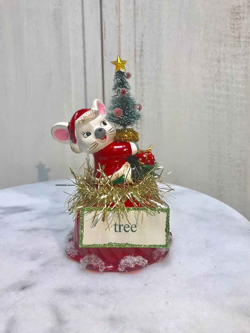 cake topper hostess vintage mouse tree sign vintage package vintage dessert cup bottle brush tree Centerpiece,vintage Christmas mouse