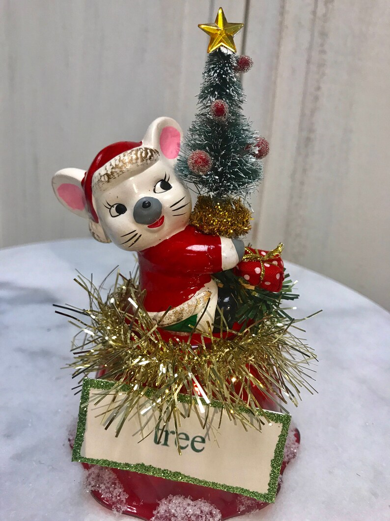 cake topper hostess vintage mouse tree sign vintage package vintage dessert cup bottle brush tree Centerpiece,vintage Christmas mouse