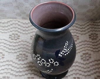 Vintage Black Ceramic Vase with White Flowers in Condition/ Black Vase/ Ceramic Vase/ Vase/ Vase with White Flowers/ Flower/ Old Vase