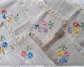 Vintage set of six little grey square linen embroidered  handmade with silk serviettes / table-napkins / doilies, home decoration