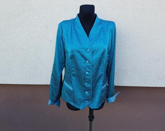 Schöne Komfortable Vintage Teal Langarmjacke mit Taschen, Komfortable Vintage Teal Langarmbluse mit Taschen, Einzigartiges Produkt
