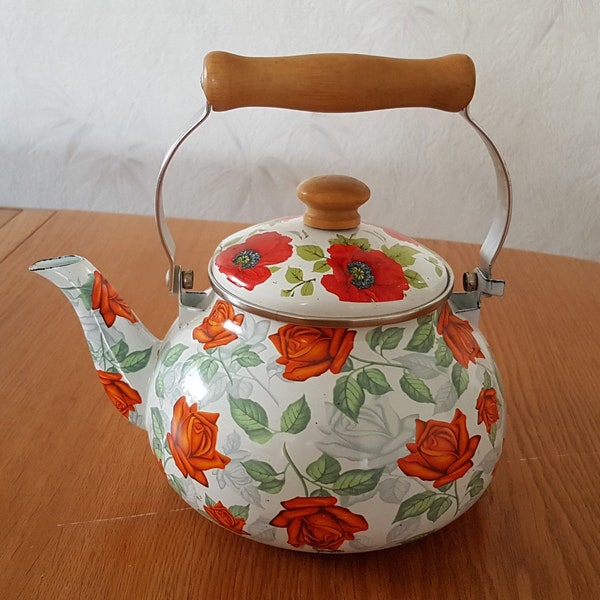 Metal Teapot, Vintage Kettle, Teapot Enameled, Tea Kettle, Enameled Teapot, Kitchen Décor, Kettle With Flowers, Old Teapot , Old Kettle
