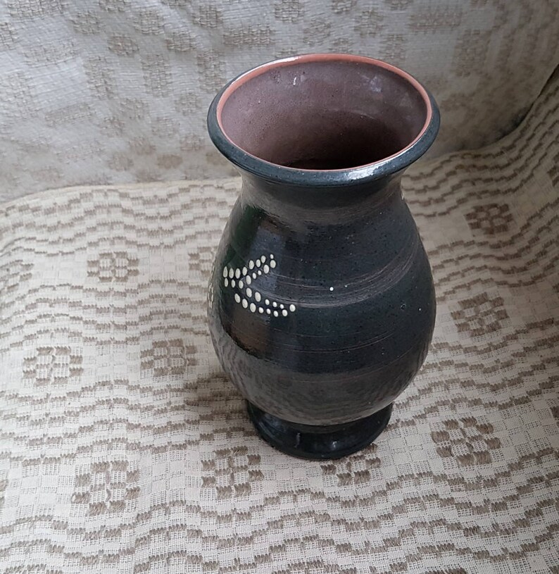Buy Vintage Black Ceramic Vase With White Flowers in Condition/ Black