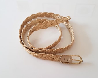 Beige Woven Belt with Square Wood-Tone Buckle Wooden Square Buckle Braided Belt – Sage Grove Boutique main image 3
