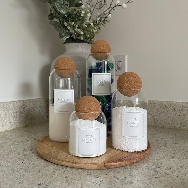 Glass Jar Set with Cork Ball Lid | Laundry Jar | Labelled Laundry Jar | Utility Room Decor | Home Organisation | Tray Optional