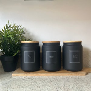 Set of 3 Black Jars Canisters. Tea Coffee Sugar. Bamboo Lid Storage Jars. Pantry Jars. Storage Jars. Kitchen Organisation. Black Labels