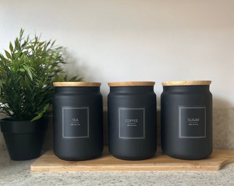 Set of 3 Black Jars Canisters. Tea Coffee Sugar. Bamboo Lid Storage Jars. Pantry Jars. Storage Jars. Kitchen Organisation. Black Labels